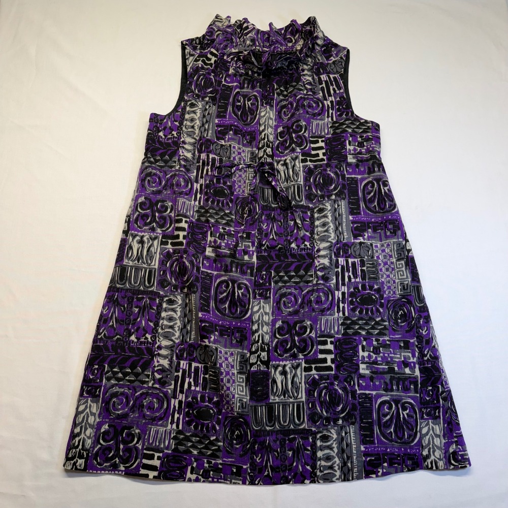 Anna Sui Wool Mod Shift Dress Purple Abstract Ruffle Neck Artsy USA M